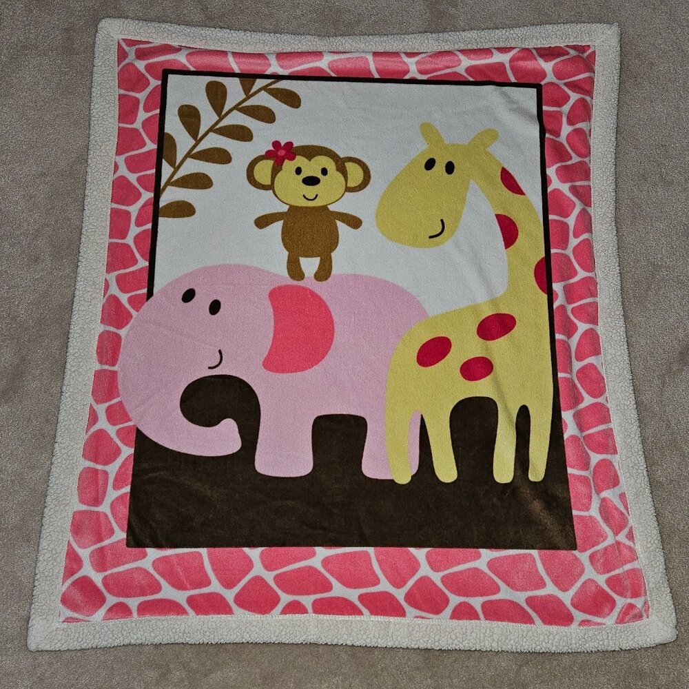 Luvable Friends Baby Blanket Monkey Elephant Giraffe Sherpa Pink Brown 30x36